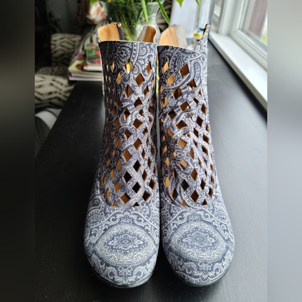John Fluevog Navy Blue Paisley Cutout Ankle Boots